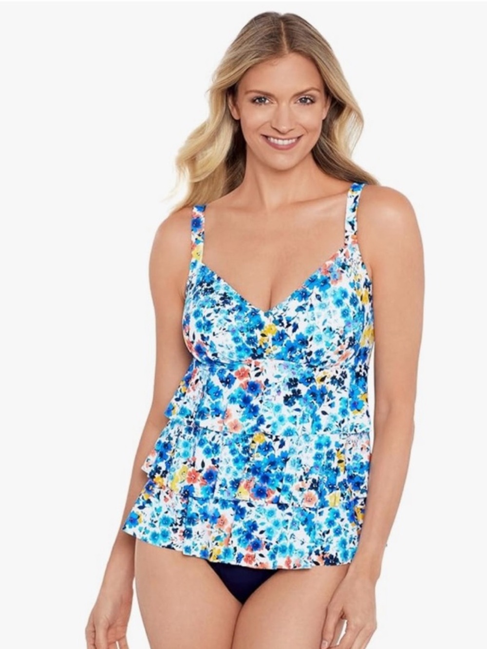 ShapeSolver NWT Women's Blue Floral Triple-Tier 1 pc Swimsuit MSRP $112 Size 10